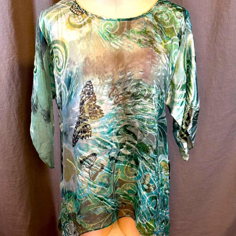 Citron Burnout Silk Blend Flutter Sleeve Top